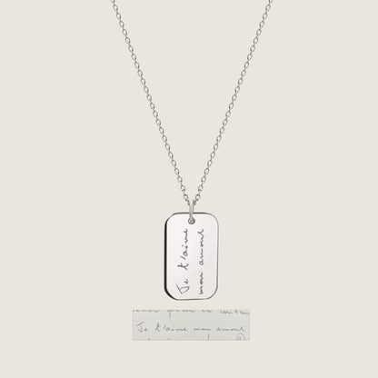10K solid white gold Actual Handwriting Personalized Custom Memorial Double Sided Engraved Rectangle Cable Chain Necklace