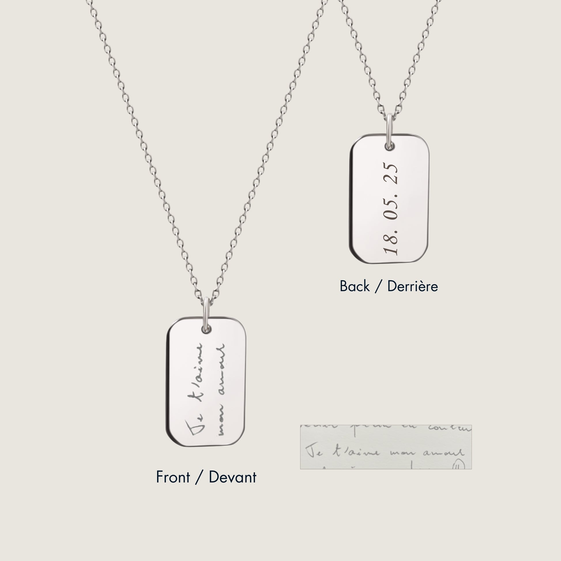 10K solid white gold Actual Handwriting Personalized Custom Memorial Double Sided Engraved double sided Rectangle Cable Chain Necklace