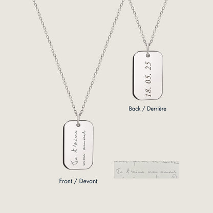 10K solid white gold Actual Handwriting Personalized Custom Memorial Double Sided Engraved double sided Rectangle Cable Chain Necklace