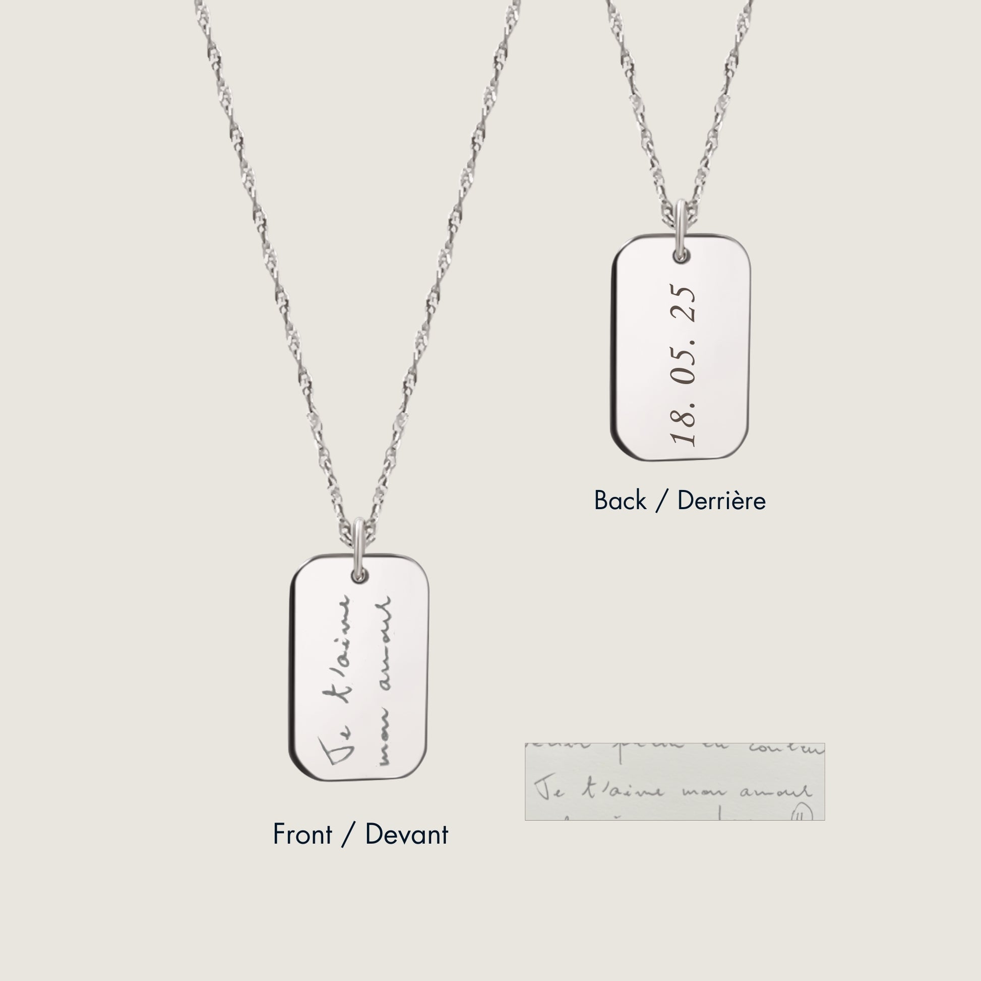 10K solid white gold Actual Handwriting Personalized Custom Memorial Double sided Engraved Rectangle Twisted Chain Necklace