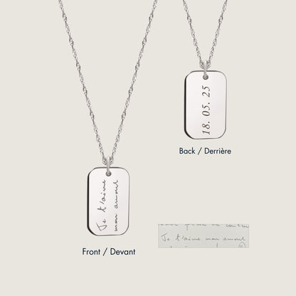 10K solid white gold Actual Handwriting Personalized Custom Memorial Double sided Engraved Rectangle Twisted Chain Necklace