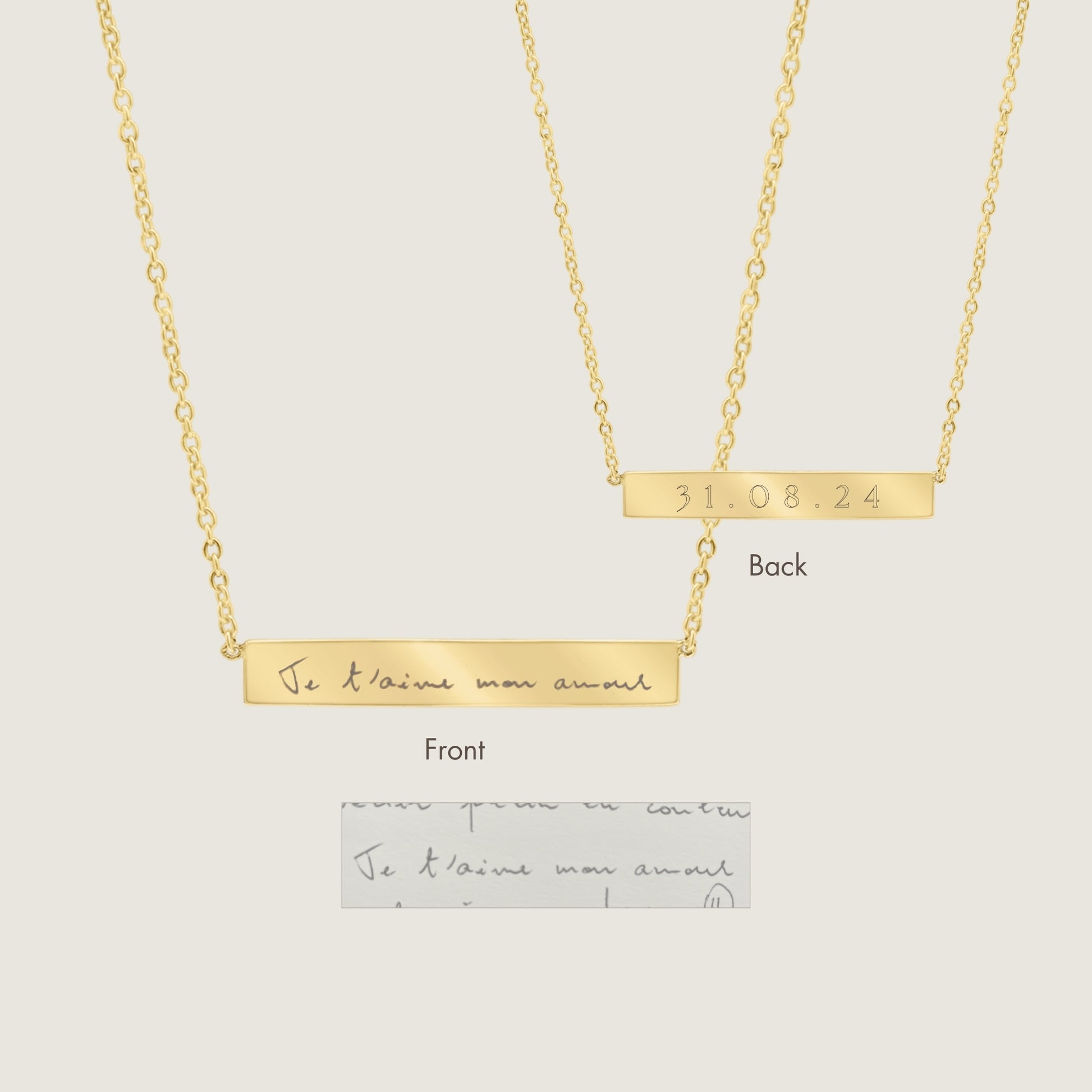 14K solid gold Actual Handwriting Personalized Custom Memorial Engraved Double Sided Bar Necklace Jewelry
