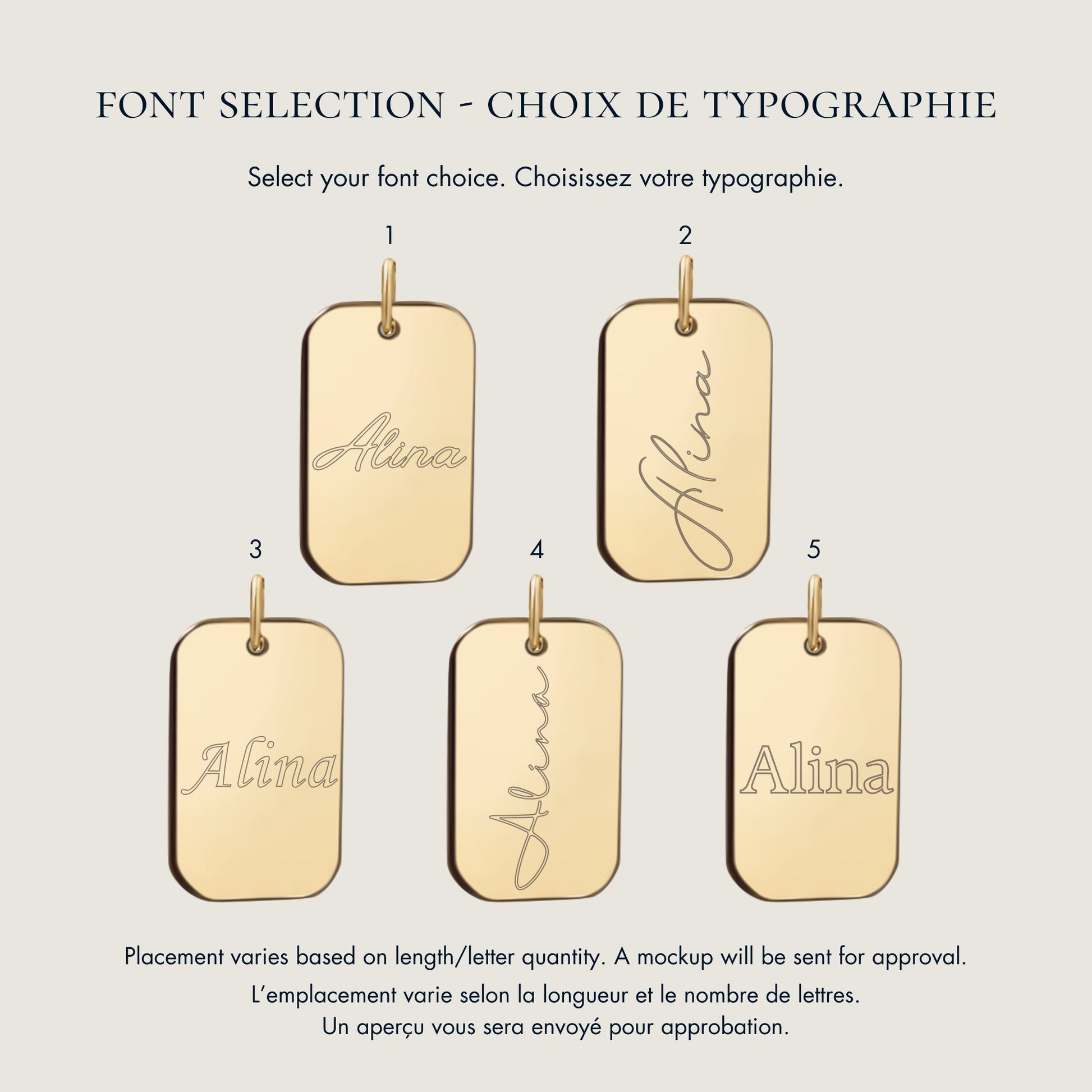 Font options to engrave on personalized solid gold pendant 