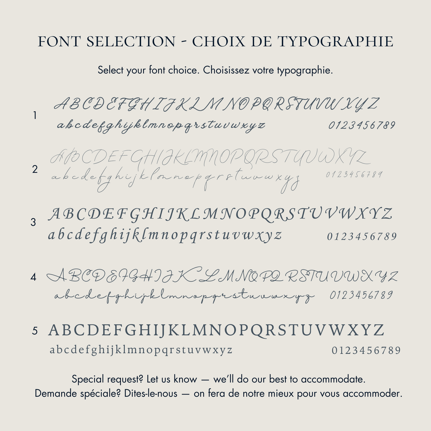 Font selection chart with sample text and numbers to engrave on memorial jewelry on a light beige background