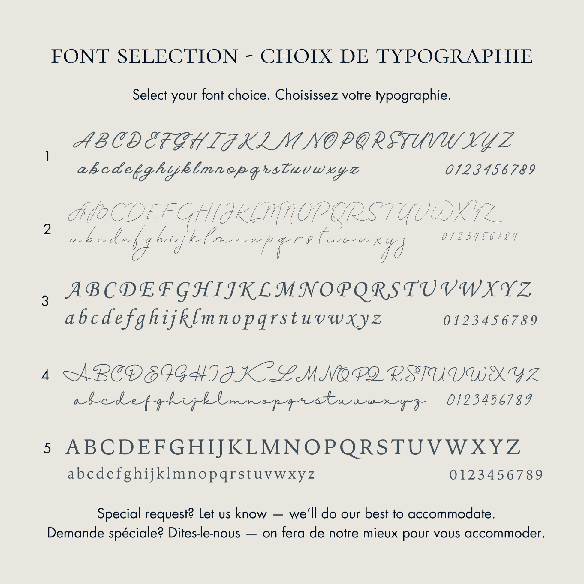 Font selection chart with sample text and numbers to engrave on memorial jewelry on a light beige background