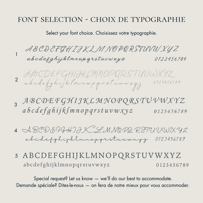 Font selection chart with sample text and numbers to engrave on memorial jewelry on a light beige background