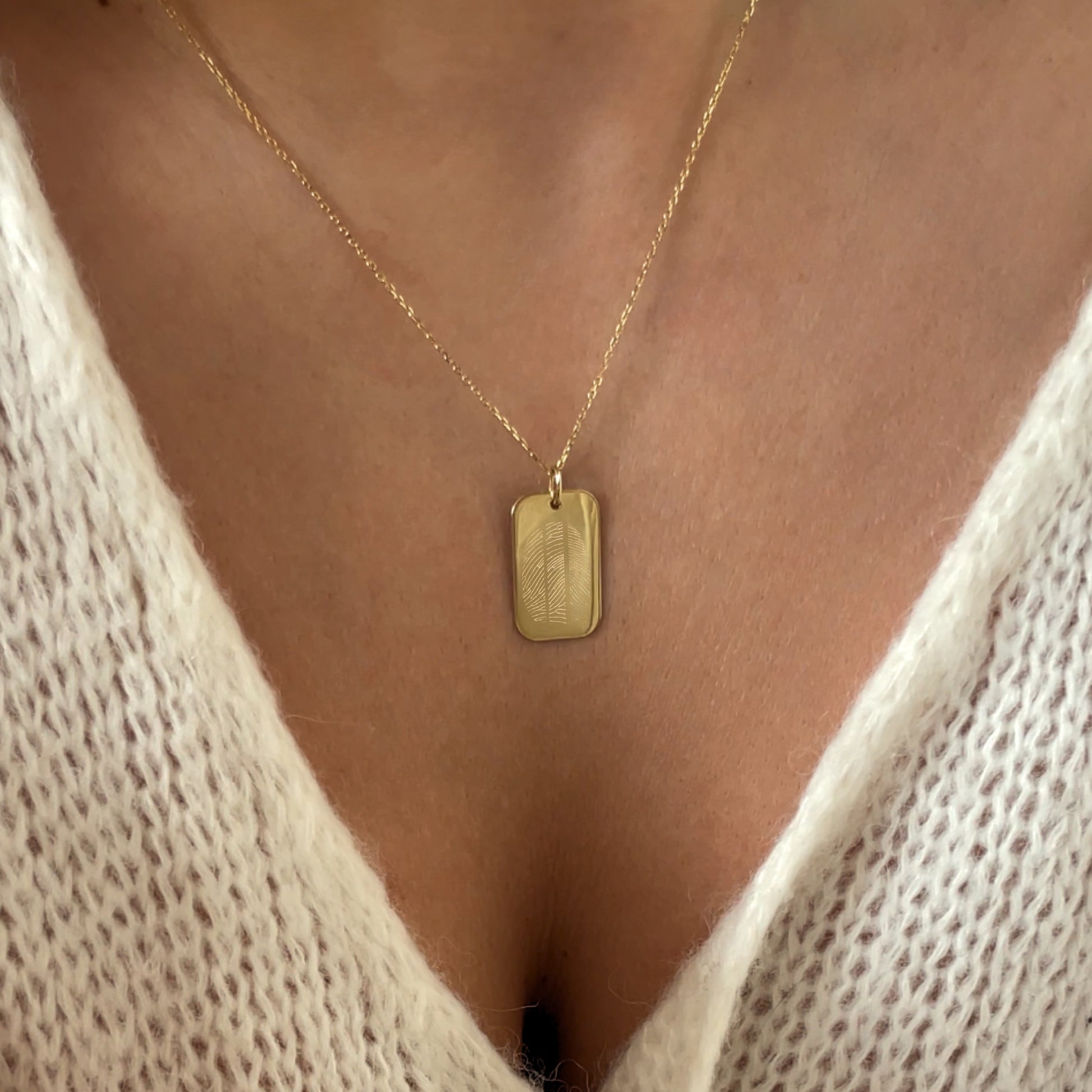 Woman wearing a 10K solid gold Actual Three Fingerprint Personalized  Memorial Rectangle Pendant Necklace
