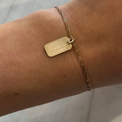 woman wearing 10K solid gold Actual Three Fingerprint Personalized Custom Memorial Engraved Rectangle Twisted Bracelet
