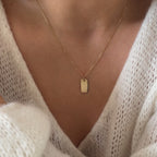 woman wearing 10K solid gold Actual Three Fingerprint Personalized Rectangle Pendant Jewelry
