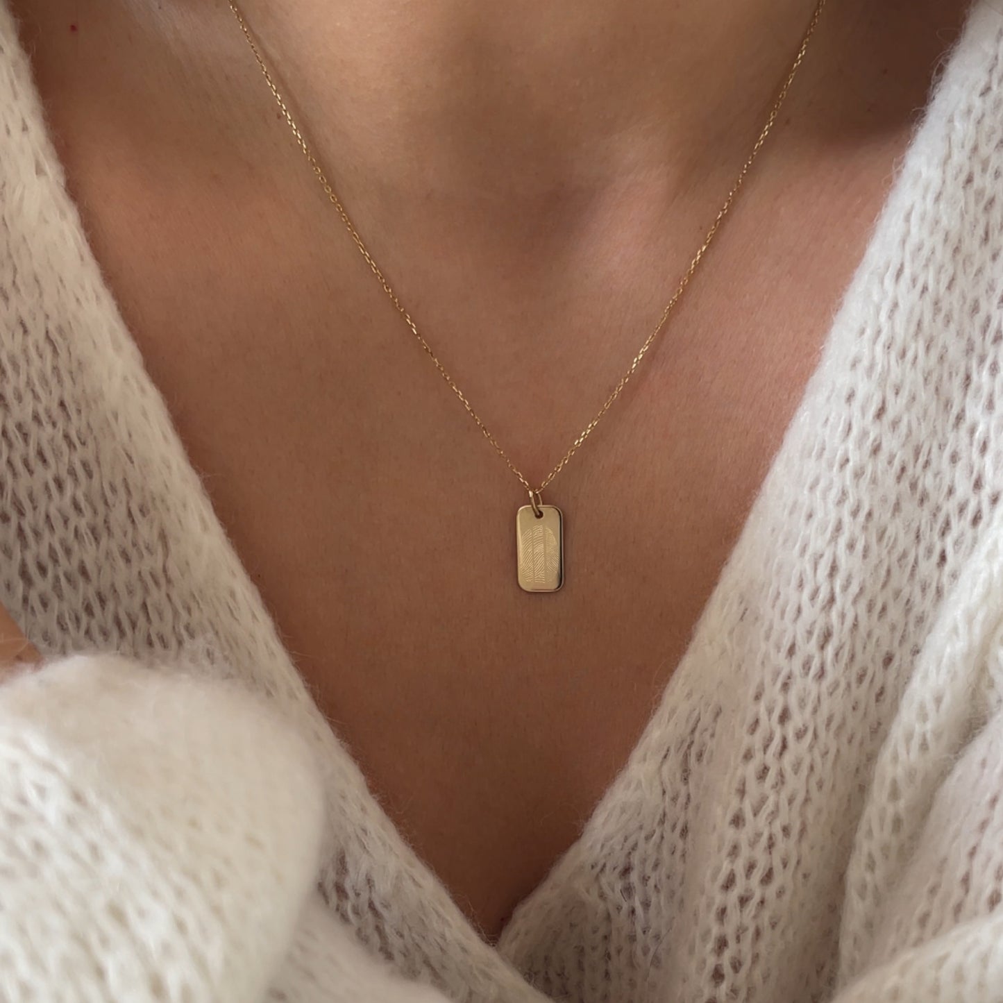 woman wearing 10K solid gold Actual Three Fingerprint Personalized Rectangle Pendant Jewelry
