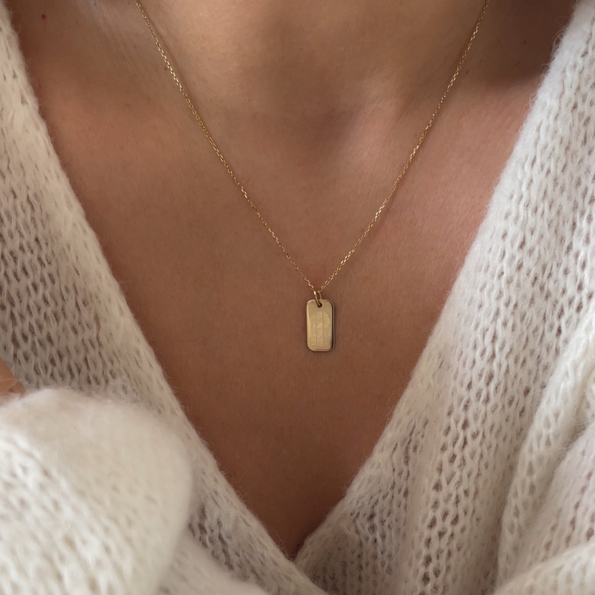 woman wearing 10K solid gold Actual Three Fingerprint Personalized Rectangle Pendant Jewelry

